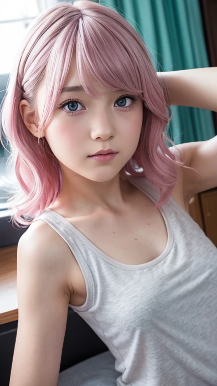 Highest quality、((8k))、Realistic、Middle school students、Gal、cute、Light gray eyes、Pink Hair、Short Wavy Hair、Full make-up、thin、Tank top、mile、