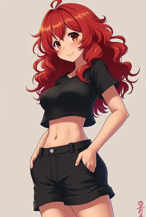 Akane is a red-haired woman with curly hair and a very attractive body., your big breasts, your big ass, and her thick thighs are very visible when she is wearing short clothes, like a very short black short, and a black cropped t-shirt