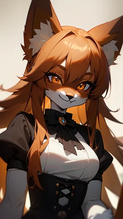 masterpiece,insanely detailed, absurdres, 16K, a girls, kemono, furry face, bronze hair,luminous eyes, with sparkling eyes,  narrow eyes, (fox_girl, anthro furry:1.3),(anthro_female_fox:1.3), fluffy fur, hairy body, pointy breasts,white background, upper b...