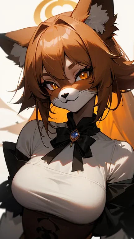 masterpiece,insanely detailed, absurdres, 16K, a girls, kemono, furry face, bronze hair,luminous eyes, with sparkling eyes,  narrow eyes, (fox_girl, anthro furry:1.3),(anthro_female_fox:1.3), fluffy fur, hairy body, pointy breasts,white background, upper b...