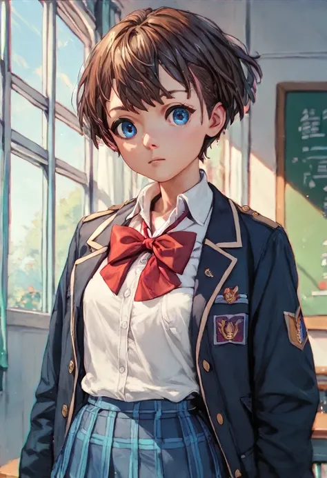 high quality,best quality,masterpiece,(((Japanese high school student girl))),brown short hair,blue eyes,super detailed eyes,young face,white shirt,red ribbon,navy jacket,blue plaid short skirt,