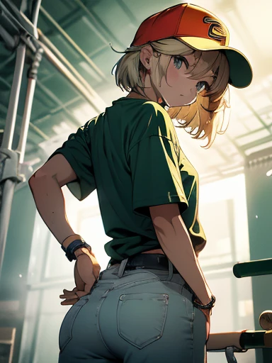 Tezuka, artwork, Better Quality, 1 girl, Watery eye, Baseball cap, Blonde, Shut your mouth, toy, Green background, He has, hoop toy, joy, Watching the audience, shirt, short hair, Simple Background, alone, Dry, yellow shirt big ass, Muscular body
