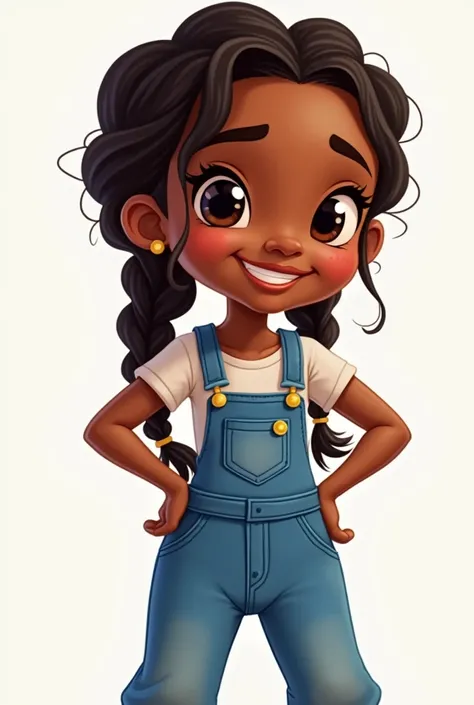 Cartoon girl in overalls with dark skin with hands on her waist, Braided hair