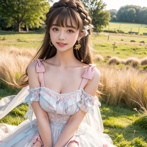 laughing out loud，1 female, 2，Wear a dress，Gauze dress, In the grassland，light brown hair, blunt bangs, hair behind ears, Shoulder length hair, long hair, Braided hair for a slender figure，超face slimming型, face slimming, delicate lips, beautiful eyes, Thin...