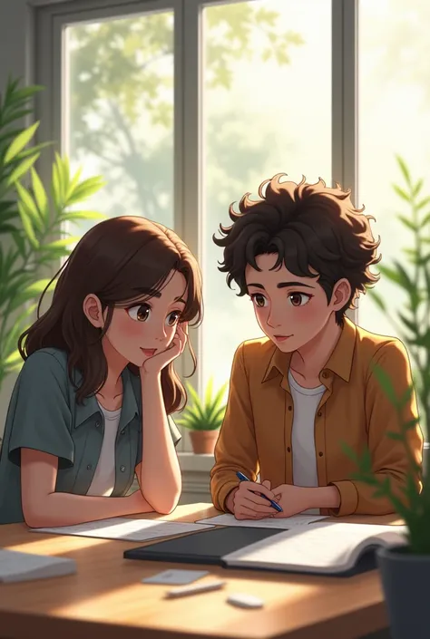  2 with light brown eyes and dark brown curly hair sitting at a table with a dark gray notebook with a glass wall with the brightness of natural sunlight illuminating the space 