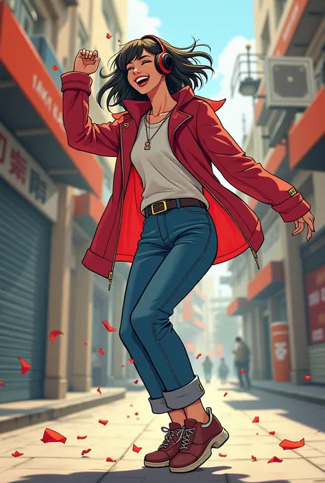 Girl dancing with headphones in manhwa style 