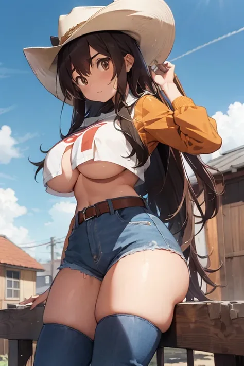 1 female, brown long anime hair, huge breast, teenage girl, brown eyes, thick eyebrows, thick legs, cowgirl clothes, cowboy hat, jean short, jacket, boots, house, blue sky, butt butt, pokemon 90 style