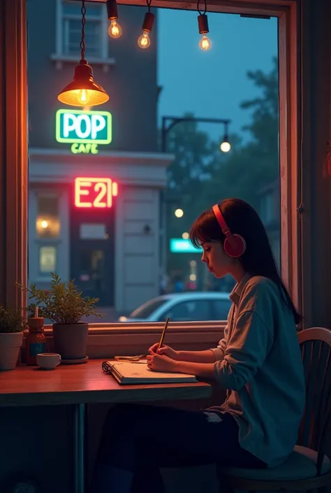 Inside a cafe in the city in the evening、A figure sitting at the counter by the window。Out of the window「City Pop」「」The neon sign glows、Warm light contrasts with cool colors, Outside, the street is quiet.。A high school student-aged woman is wearing headpho...