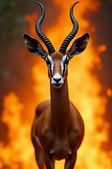 An ultra-realistic 4K image of a springbok, facing the viewer directly, with its horns framing its aggressive, focused face. The background is set ablaze with fire effects that enhance the dramatic feel of the image, lighting up the animal’s sleek fur and ...