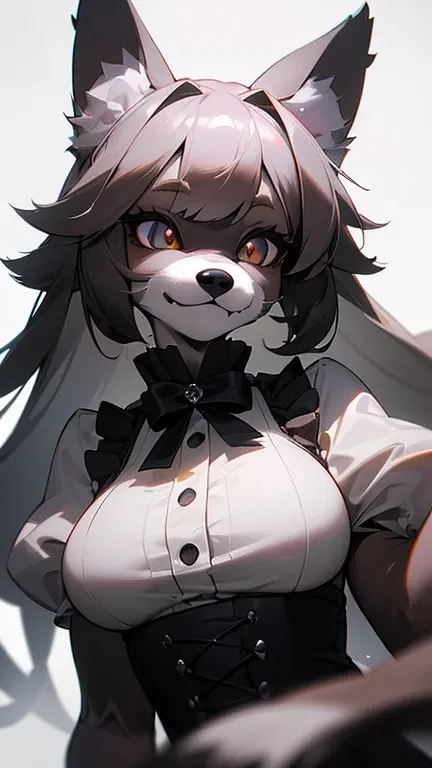 masterpiece,insanely detailed, absurdres, 16K, a girls, kemono, furry face,luminous eyes, with sparkling eyes,  narrow eyes,silver eyes, (dog_girl, anthro furry:1.3),(anthro_female_dog:1.3), fluffy fur, hairy body, pointy breasts,white background, upper bo...