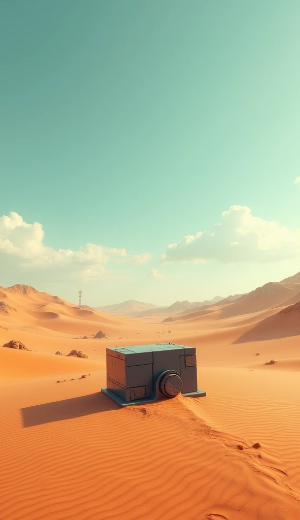 movie poster of a shortfilm, cinematic view of a unknown desert, a square like robot laying on middle of the ground, power off, camera pan to vivid sky.