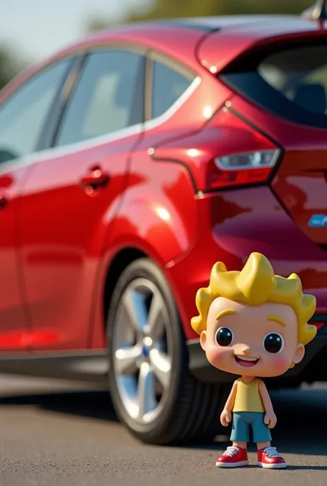 Please create a blonde funko pop next to a ruby red 2014 Ford focus 