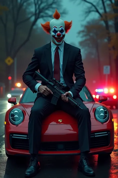 Man with a clown mask, scary mask, sitting on top of a Porsche, formal clothes, gun in his hand, in the setting a suburb, lighting with police lights, cinematic lighting, 4K, ultra realistic, doesnt look like a cartoon, looks realistic, no AI-generated loo...