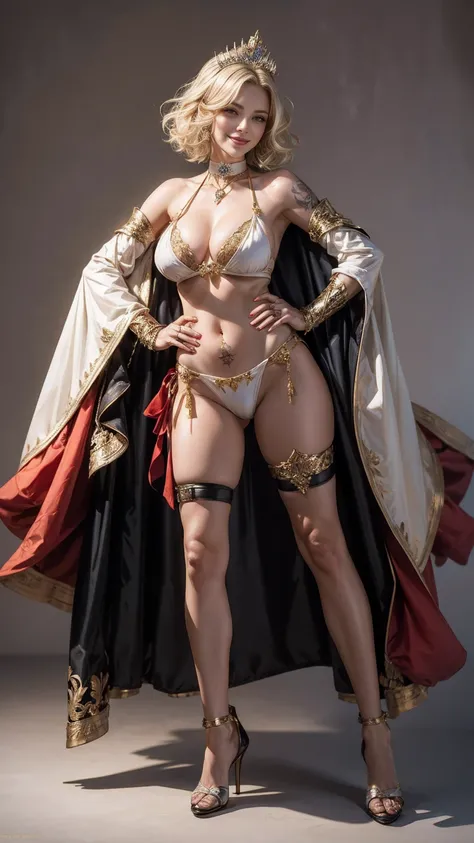 Two long thighs, yellow eyes, blonde hair, short hair, large breasts, detached sleeves, very white background, royal tiara, long cape, yellow tiger bikini, high heels, hands on hips. red tattoo on belly navel, full body female MILF BIMBO, lustful smirking ...