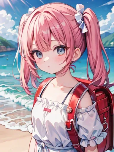 masterpiece, High resolution, One girl , (Couple Focus:1.2), Classmate, Adorable, , 14 years, Upper Body, Japanese girl, Bring your cheeks together,   Summer dresses with ruffles, Twin tails, Beach,  (smile:0.7), Hair Scrunchie, Low contrast, Highest quali...