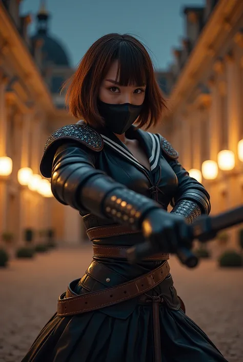 japanese noh mask,dancing ,short-brond-haired japanese female fighter battle hard ,,japanese noh mask and sailor uniform armor、provocative posing、at the busy Palace of Versailles at night