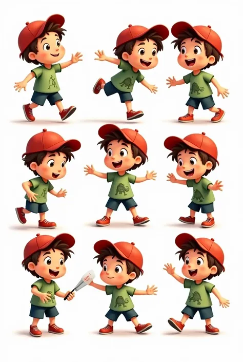 teo, an adventurous boy, various poses and expressions on white background, book illustration style , Simpler, fluffly, 6 years, with brown hair and big, curious eyes, Red cap, green t-shirt with a drawing of a dinosaur, dark blue shorts