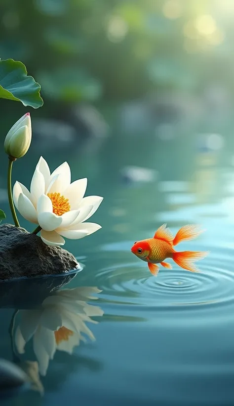 Beautiful white lotus in the corner of the frame.A bud that still has leaves.Two little goldfish in the middle.Swimming freely and at ease.Ripples on the water surface. Faintly visible rocks in the water..perfect composition.Zen atmosphere.The scene is com...