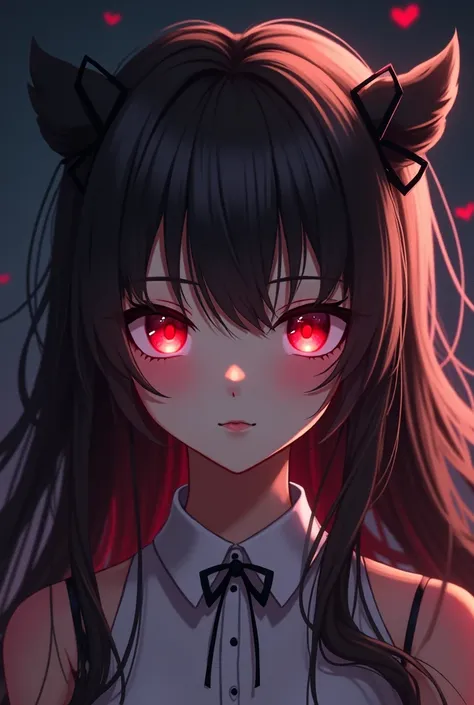 Anime girl with red eyes and black bow with long hair., beautiful face. dark fantasy, realistic 3d anime, anime realism style, with glowing red eyes, awesome anime face portrait, anime style 3d, detailed digital animated art, 3d realistic anime style., rea...