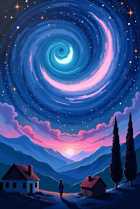 "A vivid night sky filled with swirling, glowing stars and a large, bright crescent moon. The sky is painted in deep blues and purples, with bold, swirling strokes creating a sense of movement. Below the sky, a quiet village rests in shadow, with simple ro...