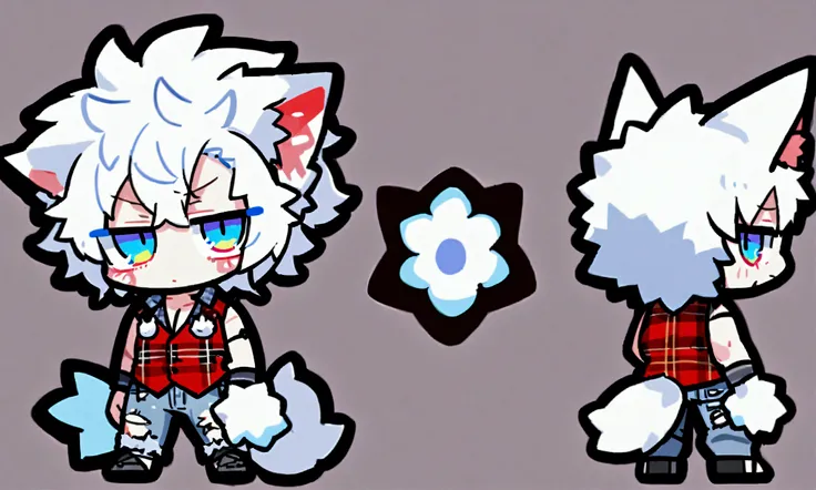 a chibi athletic muscular male with long white messy hair, fluffy wolf ears and fluffy wolf tail, wearing a shredded red plaid flannel vest, wearing torn up jeans, himbo, light beard, glowing blue eyes