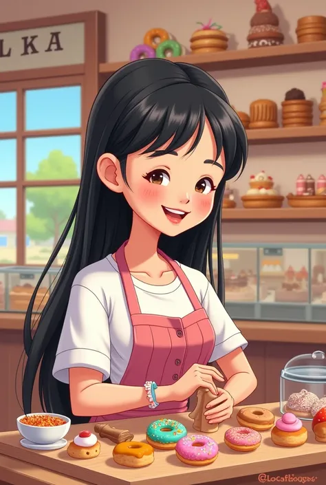 Cartoon of woman with straight black hair making colorful Mini Donuts in bakery 