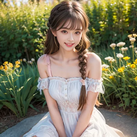 laughing out loud，1 female, 2，Wear a dress，Gauze dress, In the grassland，light brown hair, blunt bangs, hair behind ears, Shoulder length hair, long hair, Braided hair for a slender figure，超face slimming型, face slimming, delicate lips, beautiful eyes, Thin...