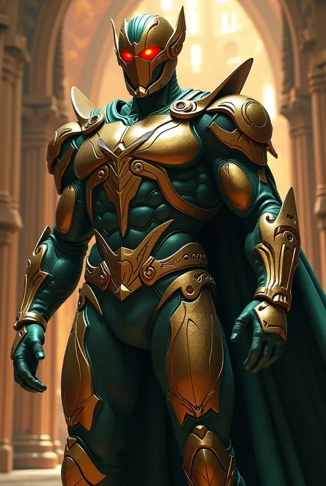 A superhero in bronze and dark green armor。Red eyes。
The setting is「Prince of the Empire」。