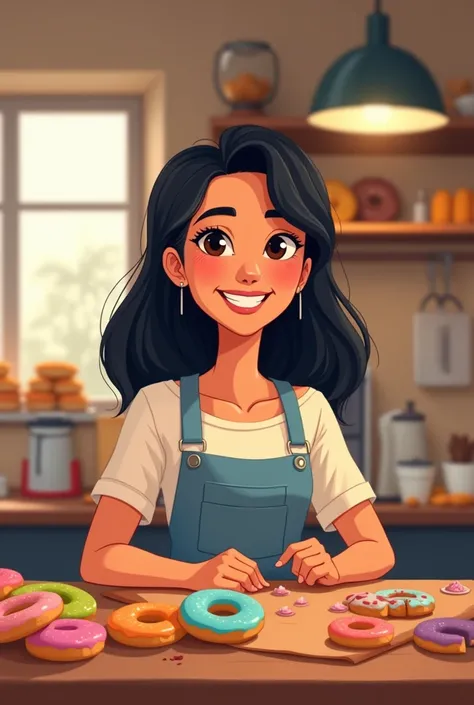 Cartoon of happy white Brazilian woman with straight black hair making colorful Mini Donuts in bakery 