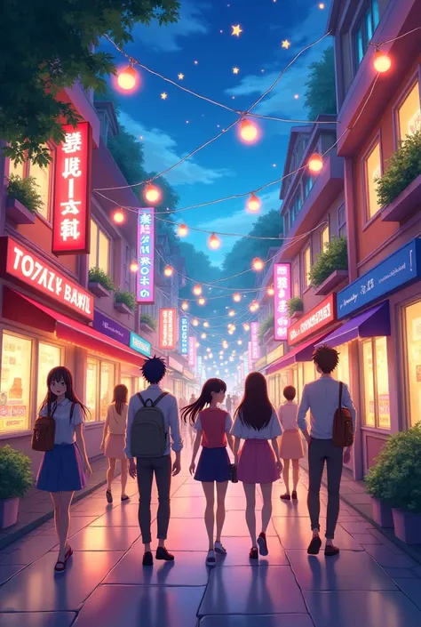 People walking happily along a street illuminated with anime-style lights