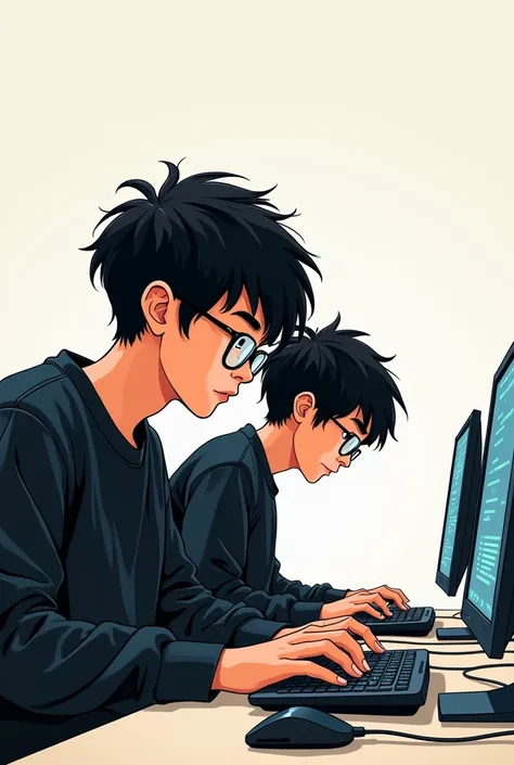 Comic Style，A 2 Chinese boy typing code，Profile，wear glasses，Crush the hair，Black sweatshirt

