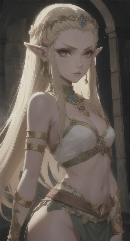 Ancient Hylian, Devine heroine, princess Hylia, blonde, red eyes, glaring at viewer, ancient Devine armor, long messy hair, ancient Hyrule, medieval Town, 