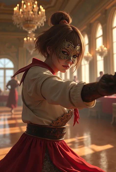 japanese noh mask,dancing ,short-brond-haired japanese female fighter battle hard ,,japanese noh mask and sailor uniform armor、provocative posing、At the gorgeous and luxurious Versailles Palace dance floor