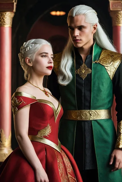 Make a young woman with white hair, red lips and a red dress with gold details, along with a young man in black royal attire with green details, House Targaryen 