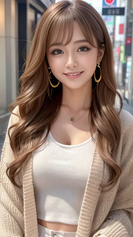 Ultra-high resolution, Superior Quality, Highest quality, Very detailed, Realistic, 8k, RAW Photos, Highest quality, masterpiece, Attractive girl, Awesome girl, Light brown hair、Wavy Hair、 hairstyle semi long、Mesh Hair, Japanese Idols, ear piercing、Necklac...