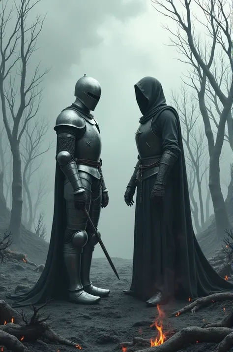 A knight in armor and Necromancer standing on a grey and devastated landscape, as if by a fire, with burnt trees and grey earth