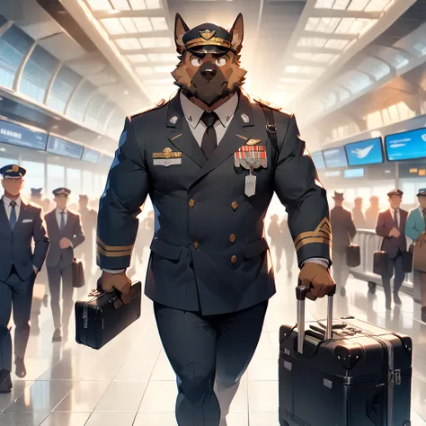 dynamic angle, dynamic pose, airline, plump middle-aged german shepherd man, airline hat, airline black color suit, trolley case...