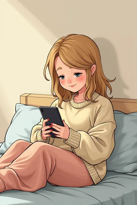 ((Lo-Fi drawing styles:1.5)), girl in her 20th. girl sitting on her bed with her back to the wall and looking in her phone. She has dirty blonde hair with and grey eyes. She is wearing oversized sweater in cartoon style. She is smiling in love