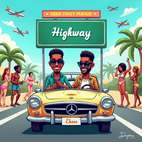 Do a cartoon cover art for a song titled Highway. On the cover art, two guys both African, should be seen with cool glasses on in a car driving. On a sign board the song title should be visible and on the plate of the car the duo name should be inscribed o...