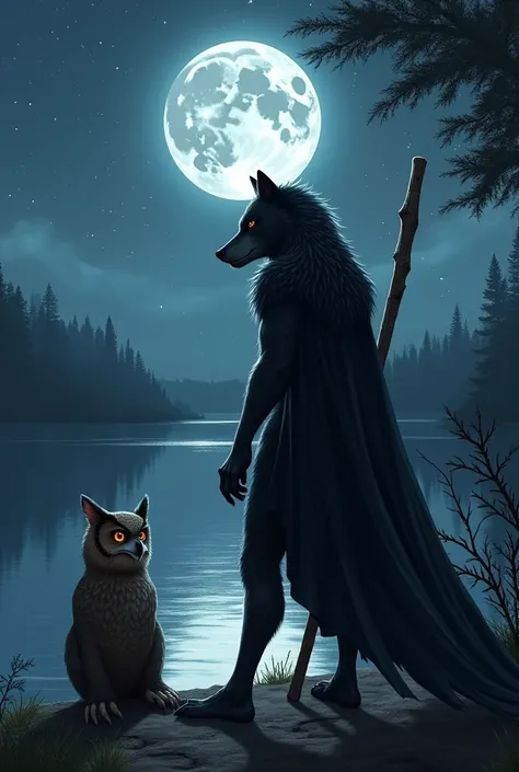 Female werewolf warrior with black fur wearing a black cape and carrying a simple wooden staff. In front of you is a boy with brown feathered owl eyes and orange eyes looking out over a lake..
The night is starry with a lunar eclipse