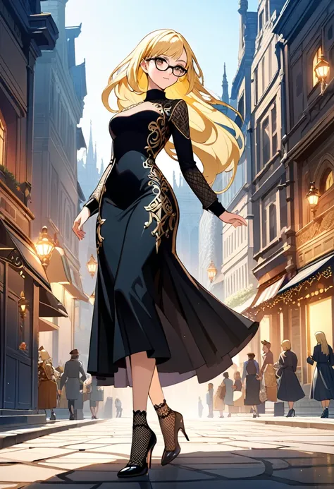 Exquisite micro-details, elaborate ornamentation, complex structures, minute ele,Meticulous details, fine textures, intricate patterns, precise rendering,Married woman in tight knit dress up to her ankles, glasses, long blond hair, in town