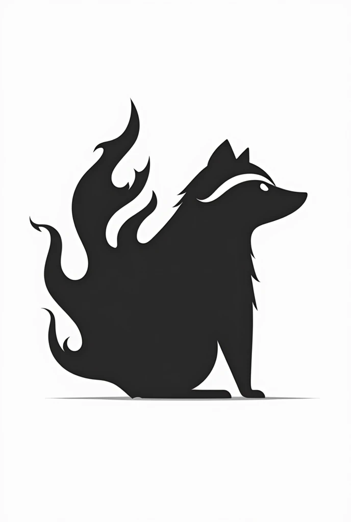 Flat vector logo, a black and white of a raccoon, side view, the back degraded into tongues of fire