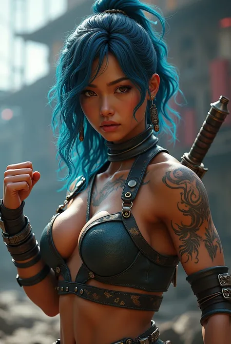 Make a korean woman with brown eyes and wavy blue hair in the style of Mortal Kombat. Make her in the style of the video game mortal Kombat 11.
Make her around thirty-five years old.