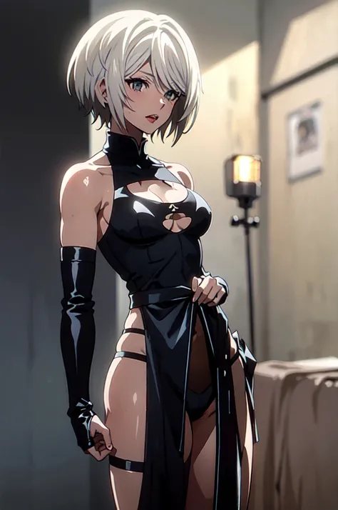 2b, 1 girl, Alone, short hair, White hair, thighs, neckline, medium breasts, standing, Whole body, by white, hair band, black thighs, mole, neckline cutout, black hair band, mole under the mouth, in front of the viewer, sale, covered eyes, black sale, mast...