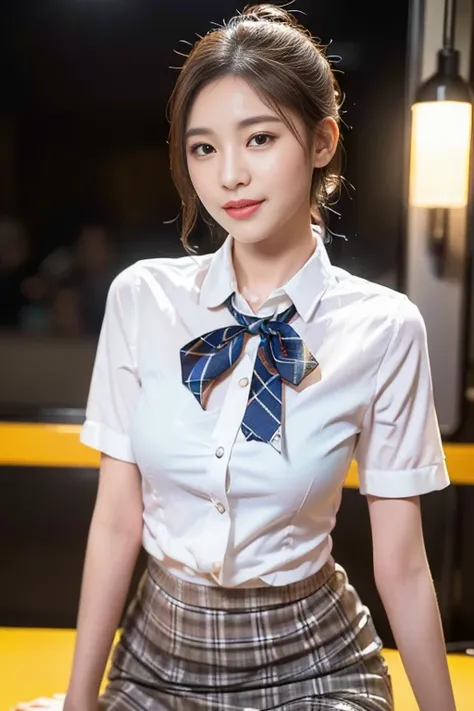 (A stunning Korean lady, in empty train at night, wearing a white short-sleeve blouse, bow-tie, and plaid skirt, with a youthful, smooth complexion, beautiful detailed eyes and lips, long eyelashes, a slender figure, and a kind smile. ponytail, short bob h...