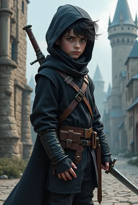 best quality, masterpiece, detailed, perfect face, cute, fantasy, medieval, lad, male, young, beardless, adolescent, short stature, pale skin, blue eyes, black hair, messy hair, short hair, straight hair, black clothes, rogue, thief, rogue clothes, black c...