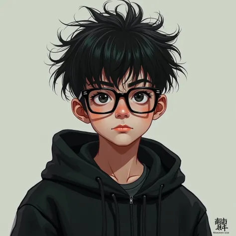 Punk style，A 2 Chinese boy who codes，Profile，Wear square-rimmed glasses，Crush the hair，Black sweatshirt

