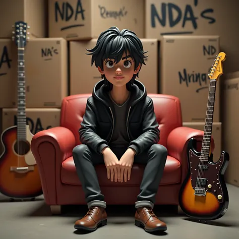 a cute adult male wearing black jacket and brown leather shoes, black hair, sitting on a sofa, electric guitar and box warehouse as background, 3d caricature, masterpiece, award-winning 3d cartoon, correct proportion, hyper detailed, intricate, insanely de...