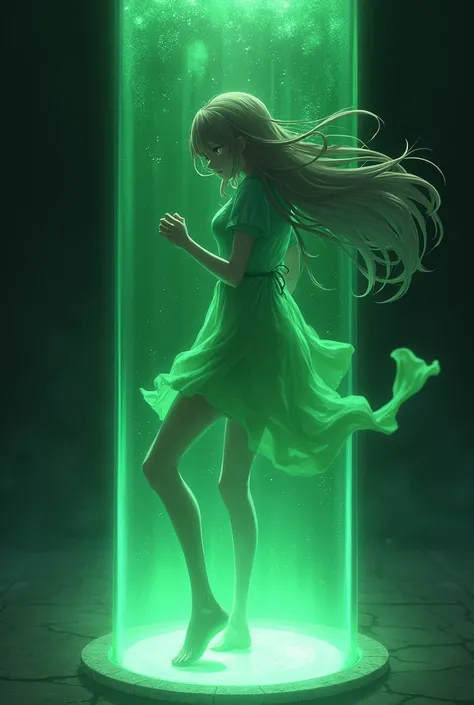 Woman encased in a glass cylinder。
The woman is hitting the glass with her fist in pain.。
The cylinder is filled with green liquid。　


Anime style long hair, 