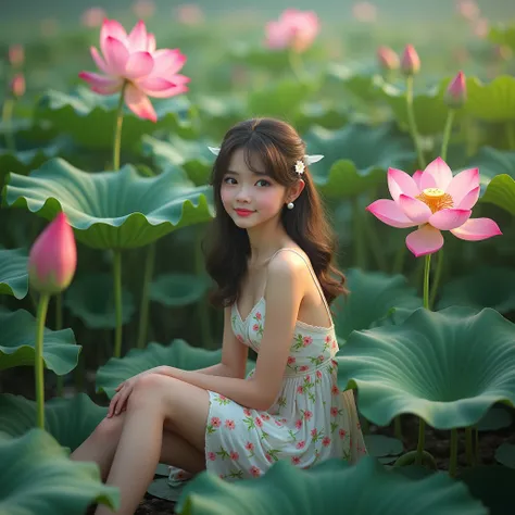 Photo realistic, realistic, Realistic face and eyes, Realistic skin, Large lotus flowers and leaves, A sitting on a leaf, Wearing a floral dress, Fantasy Photo, Cute and heartwarming atmosphere, masterpiece, UHD, anatomically correct, textured skin, high d...